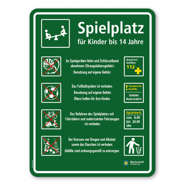Spielplatzschild - Spielplatz für Kinder bis 14 Jahre - mit Wippe - mit Zusatztexten und 8 frei zu wählenden Piktogrammen – Schilderserie SP-03