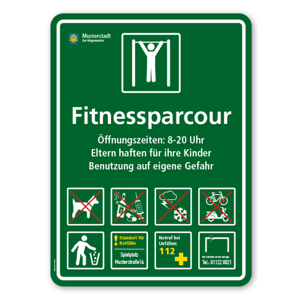 Spielplatzschild - Fitnessparcour - mit Zusatztexten und 8 Piktogrammen – Schilderserie SP-03