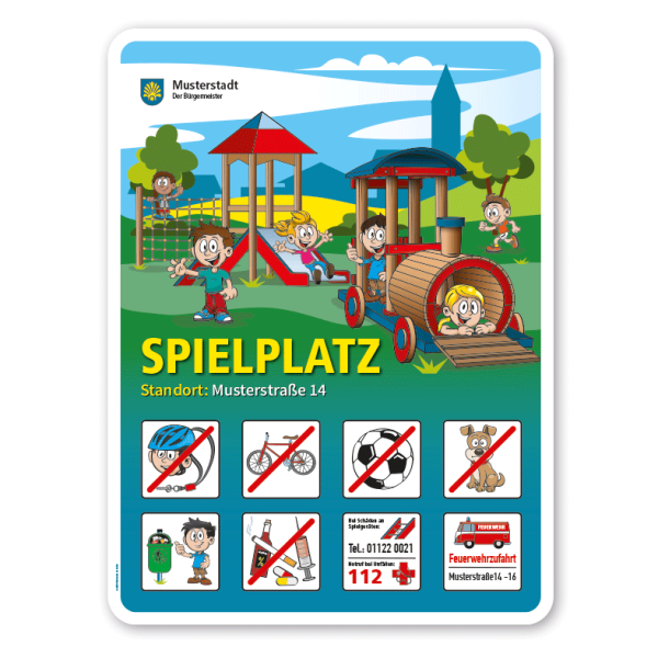 Spielplatzschild Zugspielplatz - mit 8 frei zu wählenden Piktogrammen – Schilderserie SP-01