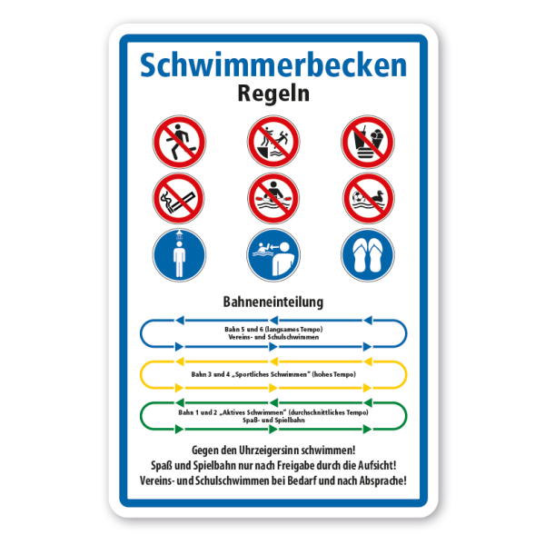 Schild Schwimmerbecken-Regeln - Bahneinteilung - mit Sicherheitszeichen-Copy