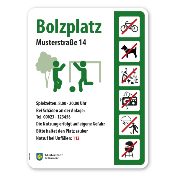 Spielplatzschild - Bolzplatz - Tor - mit 6 frei zu wählenden Piktogrammen – Schilderserie SP-05