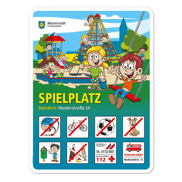 Spielplatzschild Seilpyramide - Rutsche - Sandkasten - Schaukel - mit 8 frei zu wählenden Piktogrammen – Schilderserie SP-01