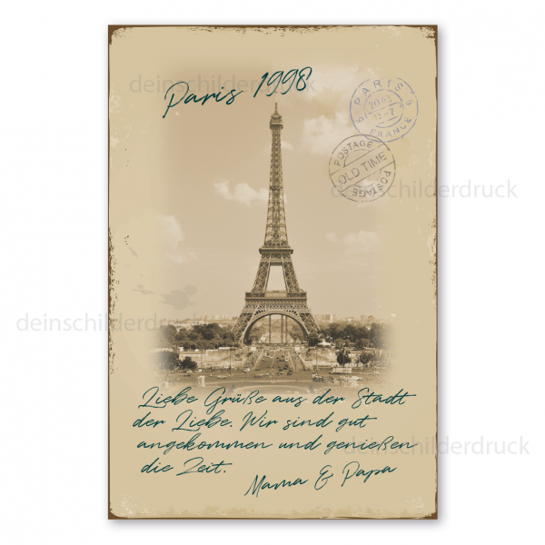 Retroschild im Stil einer nostalgischen Urlaubspostkarte der 1900er Jahre - Postcard - mit Ihrem Foto und Ihrem Wunschtext - Hochformat