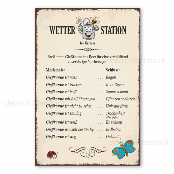 Schild Wetterstation für Gärtner - Wettervorhersage mit einer Gießkanne - im Retro Look (Gartenschild)