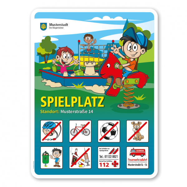 Spielplatzschild Spielplatz - Federwippe - mit 8 frei zu wählenden Piktogrammen – Schilderserie SP-01