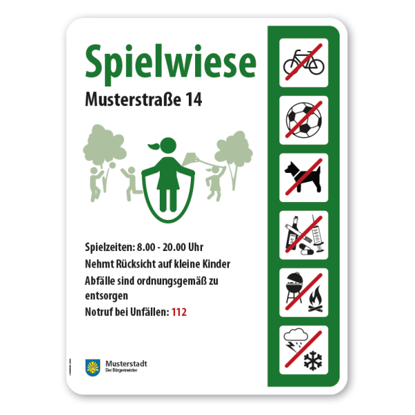 Spielplatzschild - Spielwiese mit 6 frei zu wählenden Piktogrammen – Schilderserie SP-05