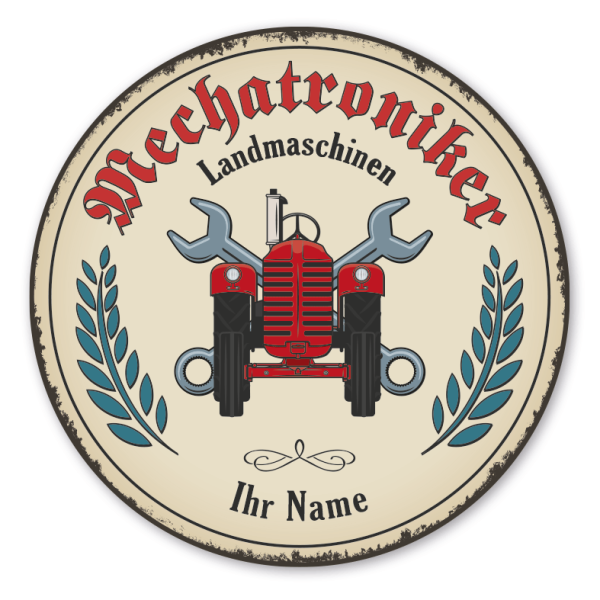 Maibaumschild / Festschild mit Zunftwappen Landmaschinen-Mechatroniker - mit Zunftnamen und Ihrem Ortsnamen oder Wunschtext - Rundes Wappen - Retro