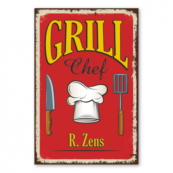 Retroschild / Vintage-Schild Grillchef - mit Ihrem Namenseindruck – Grillschild