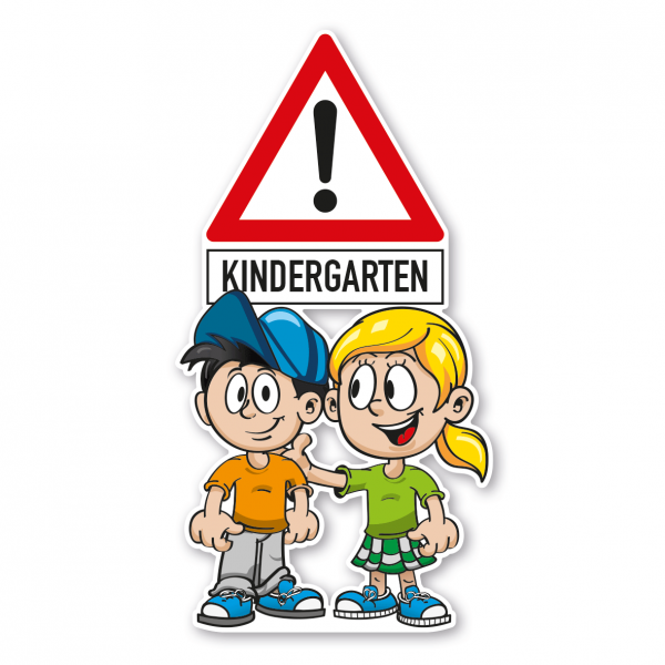 Kinderschild als Standfigur - Achtung Kindergarten - mit 2 Kindern - Schilderserie SP-01