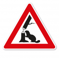 Verkehrsschild Achtung - Aufgrund der Nagetätigkeit der Biber, können Bäume in Ufernähe umstürzen - VZ-PR-67 Verkehrsschild Achtung - Aufgrund der Nagetätigkeit der Biber, können Bäume in Ufernähe umstürzen - VZ-PR-67