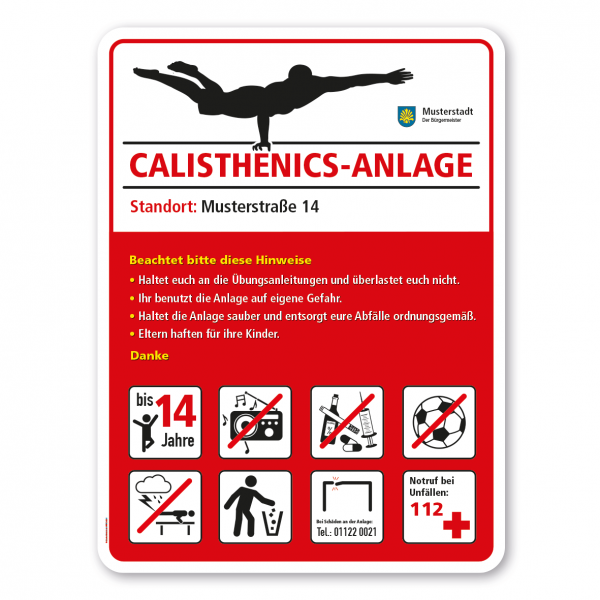 Sportplatzschild - Calisthenics-Anlage mit 8 frei zu wählenden Piktogrammen – Schilderserie SP-02-B