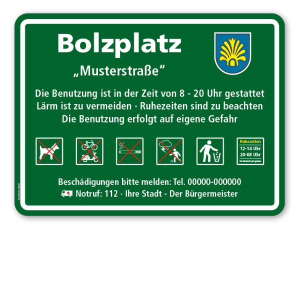 Spielplatzschild - Bolzplatz - mit großem Wappen und 6 frei zu wählenden Piktogrammen – Schilderserie SP-03