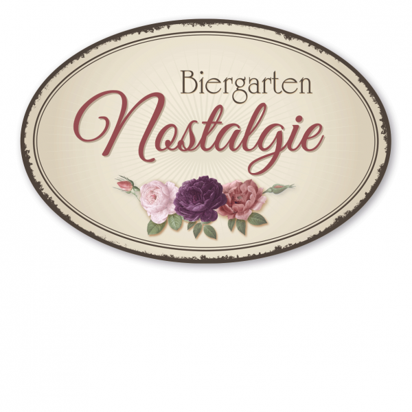 Florales Retroschild / Vintage-Firmenschild Ovale Ausführung mit zweizeiligem Eindruck - Typ Nostalgie