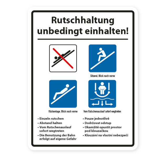 Schild für Wasserrutschen - Rutschhaltung unbedingt einhalten - nach DIN EN 1069-2:2017 - Deutsch - Tschechisch