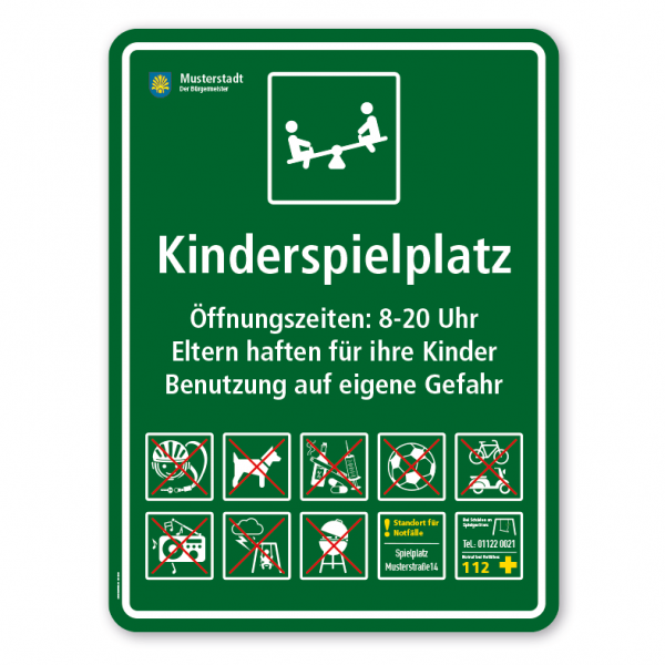 Spielplatzschild - Kinderspielplatz - mit Wippe - mit 10 frei zu wählenden Piktogrammen – Schilderserie SP-03