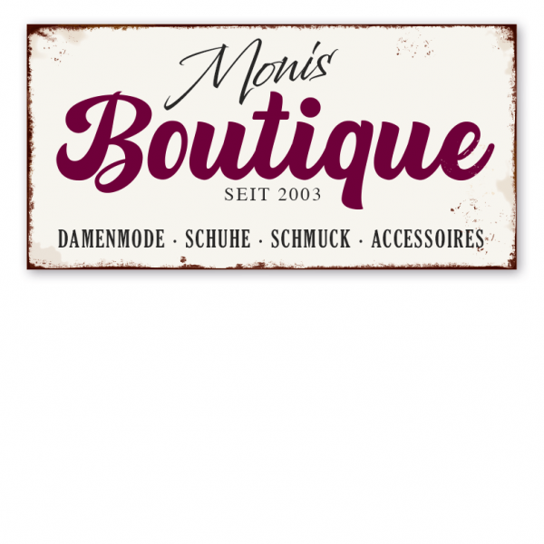 Retro Farmhouse-Schild Boutique - mit Ihrem Namen und Jahresangabe