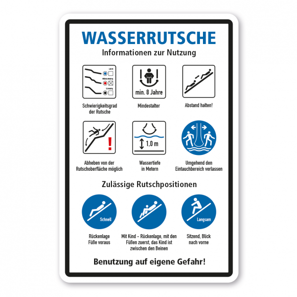 Schild für Wasserrutschen - Informationen zur Nutzung - nach DIN EN 1069-2:2017