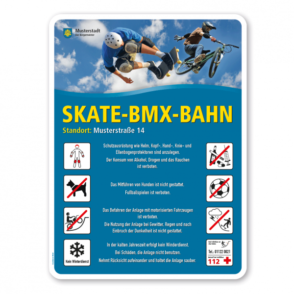 Spielplatzschild - Skate-BMX-Bahn mit 8 frei zu wählenden Piktogrammen – Schilderserie SP-02