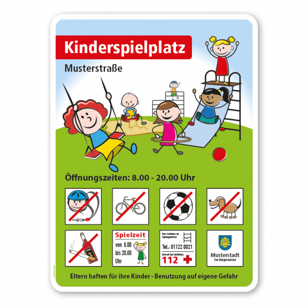 Spielplatzschild Kinderspielplatz - mit spielenden Kindern und 8 frei zu wählenden Piktogrammen – Schilderserie SP-04