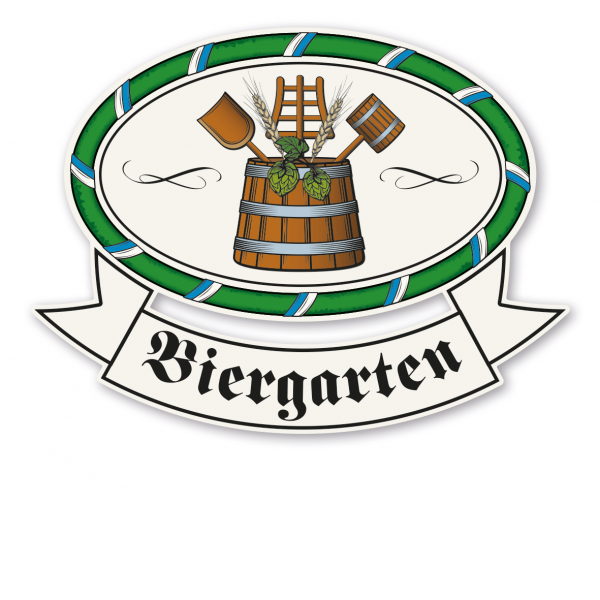 Festschild - Biergarten mit Kranz und Brauerwappen - Maibaumschild