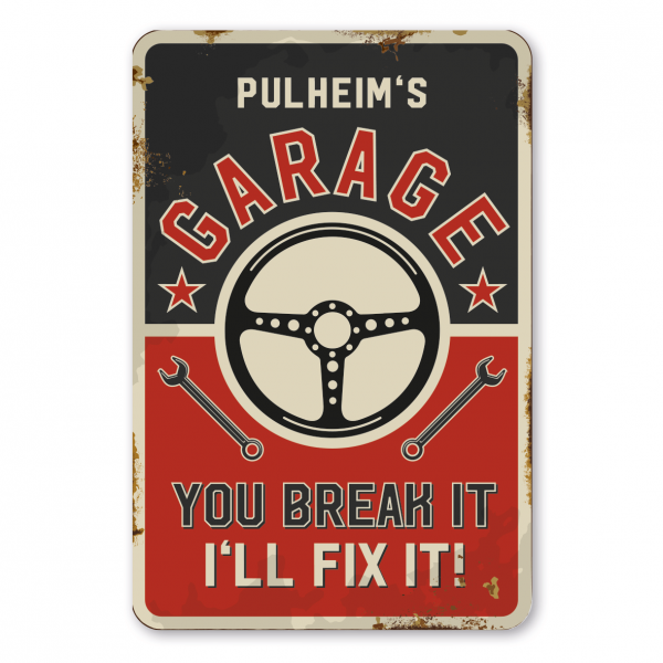 Retroschild / Vintage-Schild Pullheim's Garage - Mit Ihrem Namenseindruck - Werkstattschild