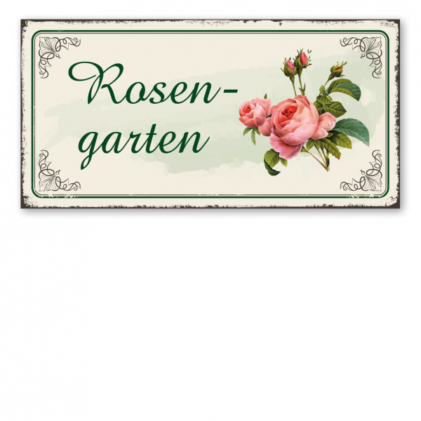 Florales Retroschild / Vintage-Schild Rosengarten - mit Rosen