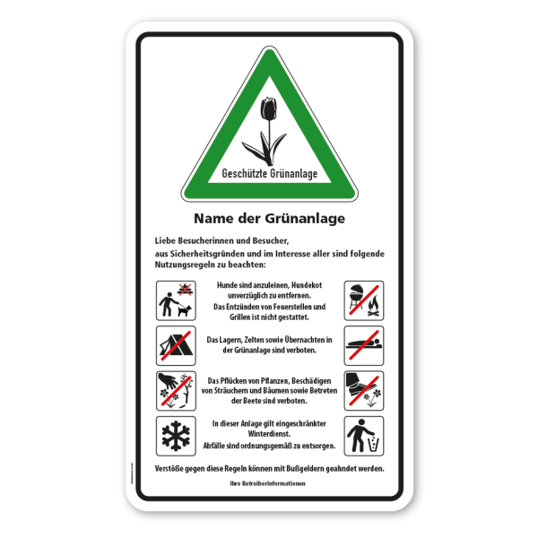 Naturschutzschild Geschützte Grünanlage mit 8 Piktogrammen und Ihrer Betreiberangabe - 500 x 850 mm