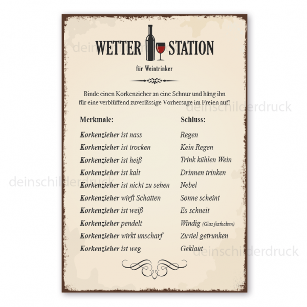 Schild Wetterstation für Weintrinker - Wettervorhersage mit einem Korkenzieher - im Retro Look