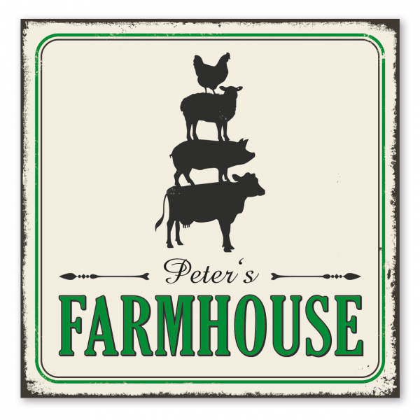 Retroschild / Vintage-Schild Farmhouse - mit Ihrer Namensangabe - Tierpyramide