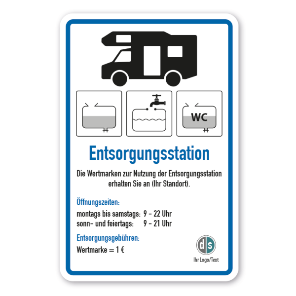 Hinweisschild Entsorgungsstation Wohnmobile - mit Entsorgungsgebühren - Wertmarken