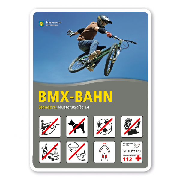 Spielplatzschild - BMX-Bahn mit 8 frei zu wählenden Piktogrammen – Schilderserie SP-02