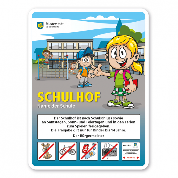 Schulhofschild mit 5 frei zu wählenden Piktogrammen und langem Textfeld - mit Klettergerüst – Schilderserie SP-01