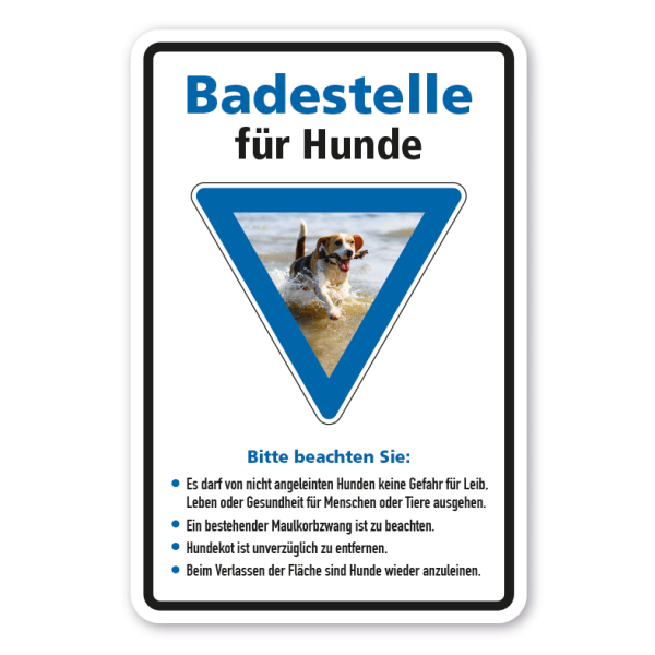 Hinweisschild Badestelle für Hunde - mit Regeln - Vorfahrtsschild