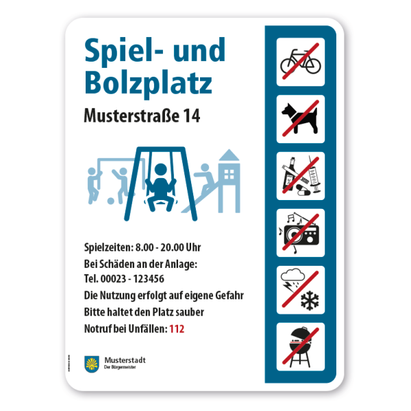 Spielplatzschild - Spiel- und Bolzplatz mit 6 frei zu wählenden Piktogrammen – Schilderserie SP-05