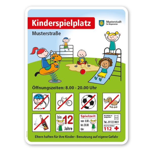 Spielplatzschild Kinderspielplatz - Schaukelwippe, Rutsche, Sandkasten, Klettergerüst - mit 8 frei zu wählenden Piktogrammen – Schilderserie SP-04
