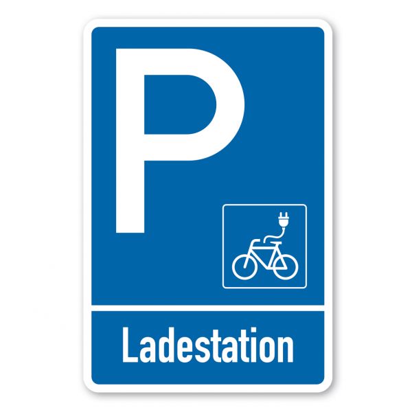 Parkplatzschild Ladestation E-Bike - Elektrorad - einzeilig mit kleinem Piktogramm - Verkehrsschild