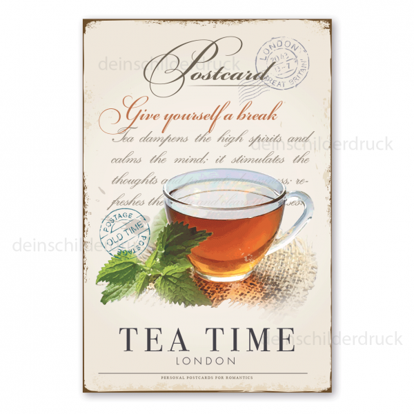 Retro Schild im Stil einer nostalgischen Postkarte - Postcard - Tea Time London - Give yourself a break - auch mit Ihrem Wunschtext