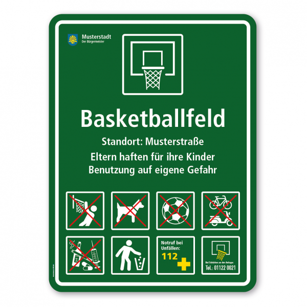 Sportplatzschild - Basketballfeld - mit Basketballkorb - mit 8 frei zu wählenden Piktogrammen – Schilderserie SP-03