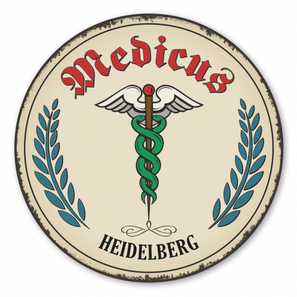 Maibaumschild / Festschild mit Zunftwappen Medicus - Arzt - mit Zunftnamen und Ihrem Ortsnamen oder Wunschtext - Rundes Wappen - Retro