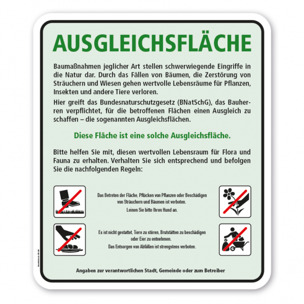 Tier- und Naturschutzschild Ausgleichsfläche (ohne Verkehrszeichen) mit 4 Piktogrammen - 500 x 580 mm