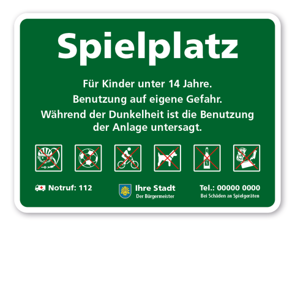 Spielplatzschild - Spielplatz - mit kleinem Wappen und 6 frei zu wählenden Piktogrammen – Schilderserie SP-03