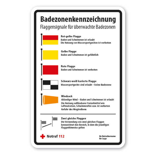 Hinweisschild Badezonenkennzeichnung - Flaggensignale für überwachte Badezonen - mit Ihrer Betreiberangabe