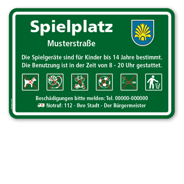 Spielplatzschild - Spielplatz - mit großem Wappen und 6 frei zu wählenden Piktogrammen – Schilderserie SP-03