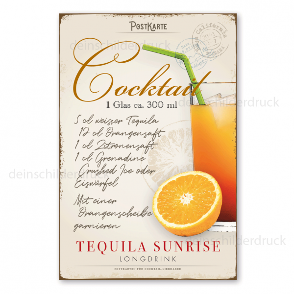 Retro Schild für Cocktail-Liebhaber im Stil einer nostalgischen Postkarte - Postcard - Cocktail - Tequila Sunrise - auch mit Ihrem Wunschtext