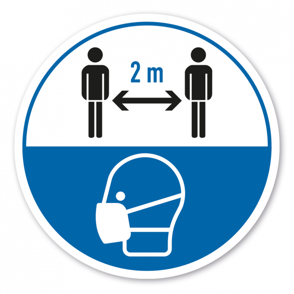 Hygienehinweis 2 m Abstand halten - mit Schutzmaskensymbol - als Aufkleber, Bodenkleber (rutschsicher) oder Schild
