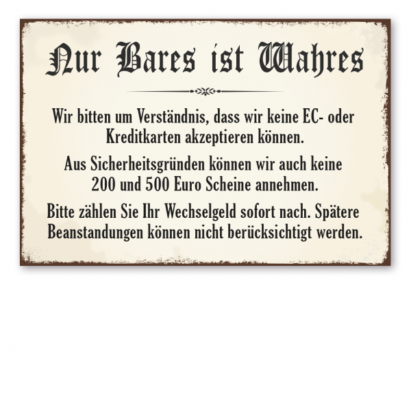 Retro Schild Nur Bares ist Wahres – mit Zahlungshinweisen