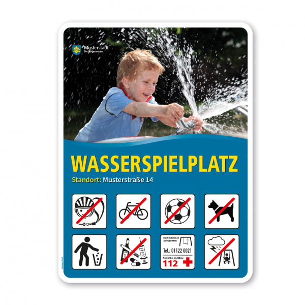 Spielplatzschild - Wasserspielplatz - mit 8 frei zu wählenden Piktogrammen – Schilderserie SP-02