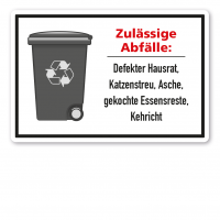 Schild zur Abfallentsorgung - Graue Tonne - zulässige Abfälle Schild zur Abfallentsorgung - Graue Tonne - zulässige Abfälle