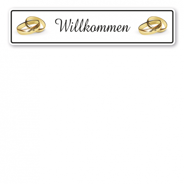 Hochzeitsschild Willkommen – mit goldenen Ringen