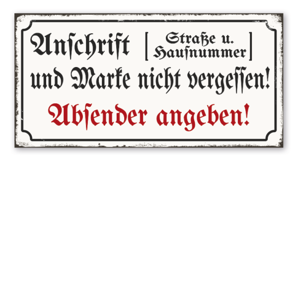 Retro Schild Anschrift und Marke nicht vergessen. Absender angeben – Postschild